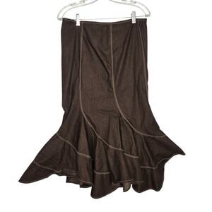 Vintage Y2K Women Fairy Grunge Denim Midi Skirt Brown Earthy Mermaid Hem 10